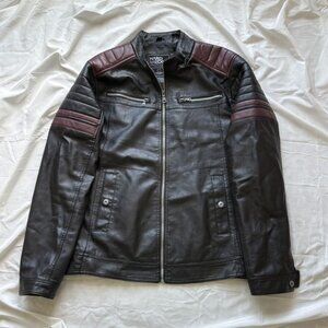 Hard Edge Men’s Faux Leather Moto Jacket Black Red Accents Size L